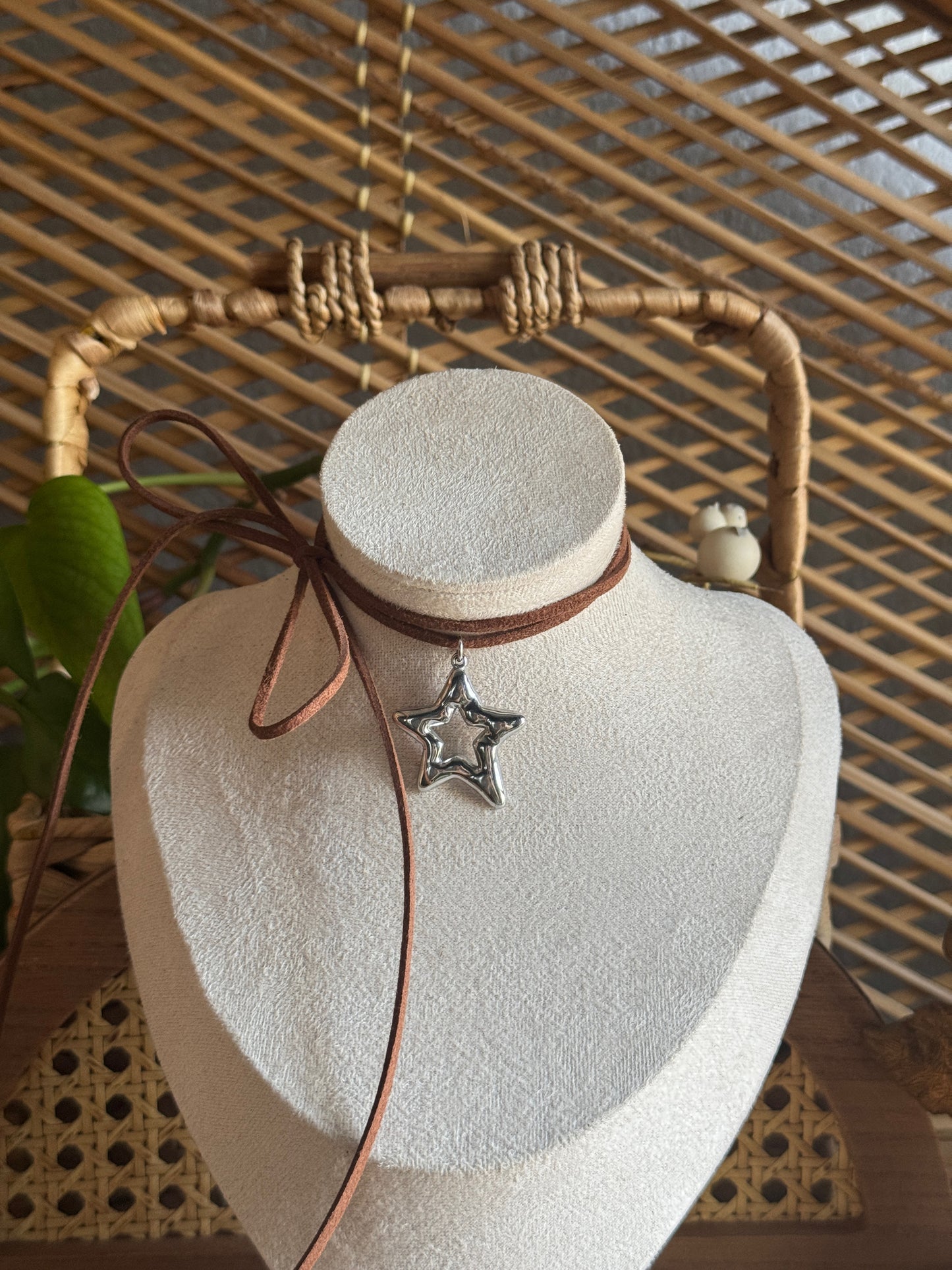 large stainless steel star brown suede necklace
