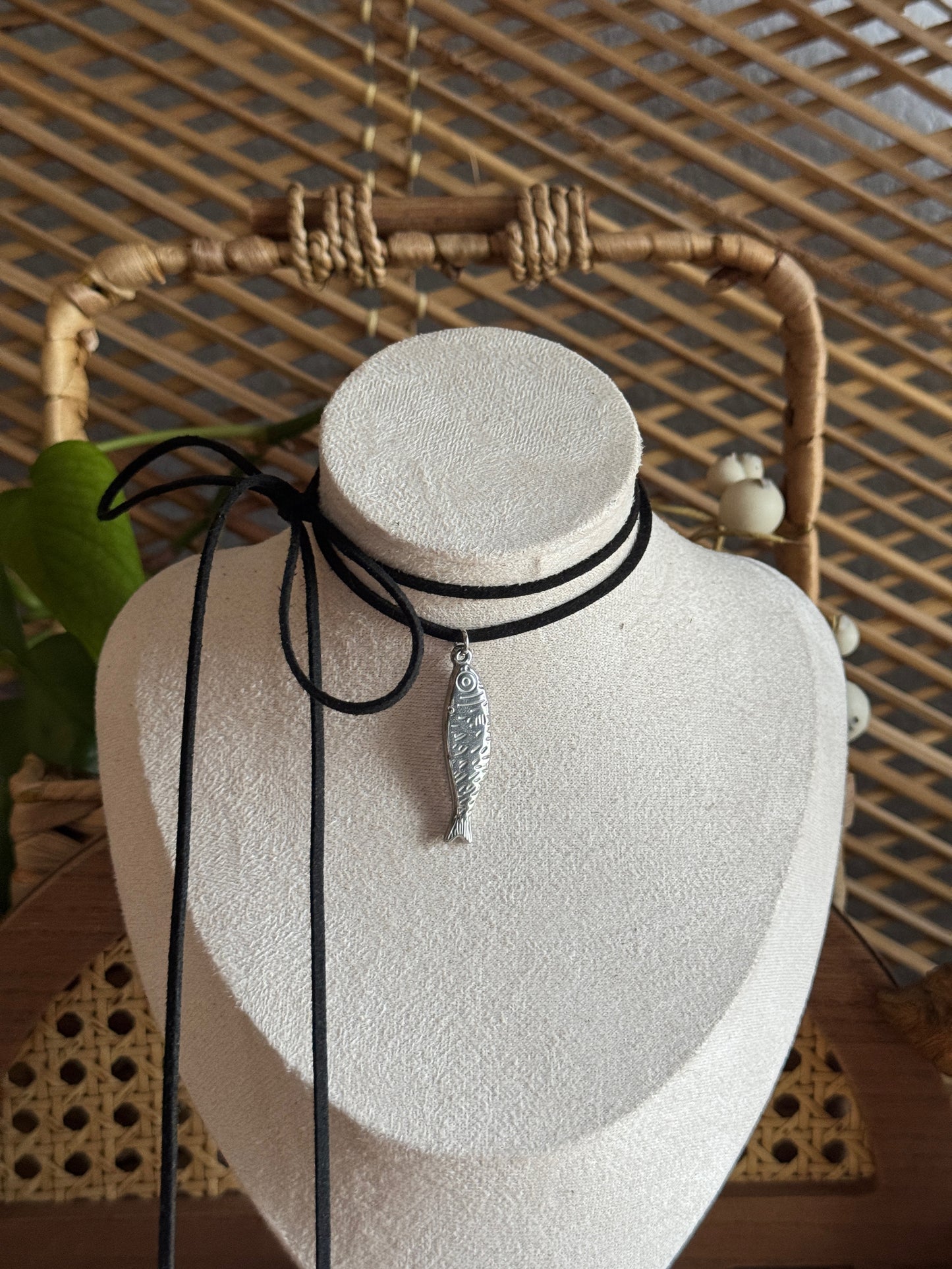 stainless steel fish black suede necklace