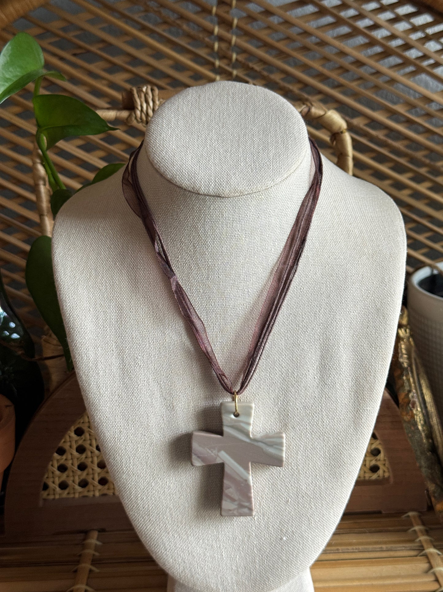 large stone cross ribbon necklace