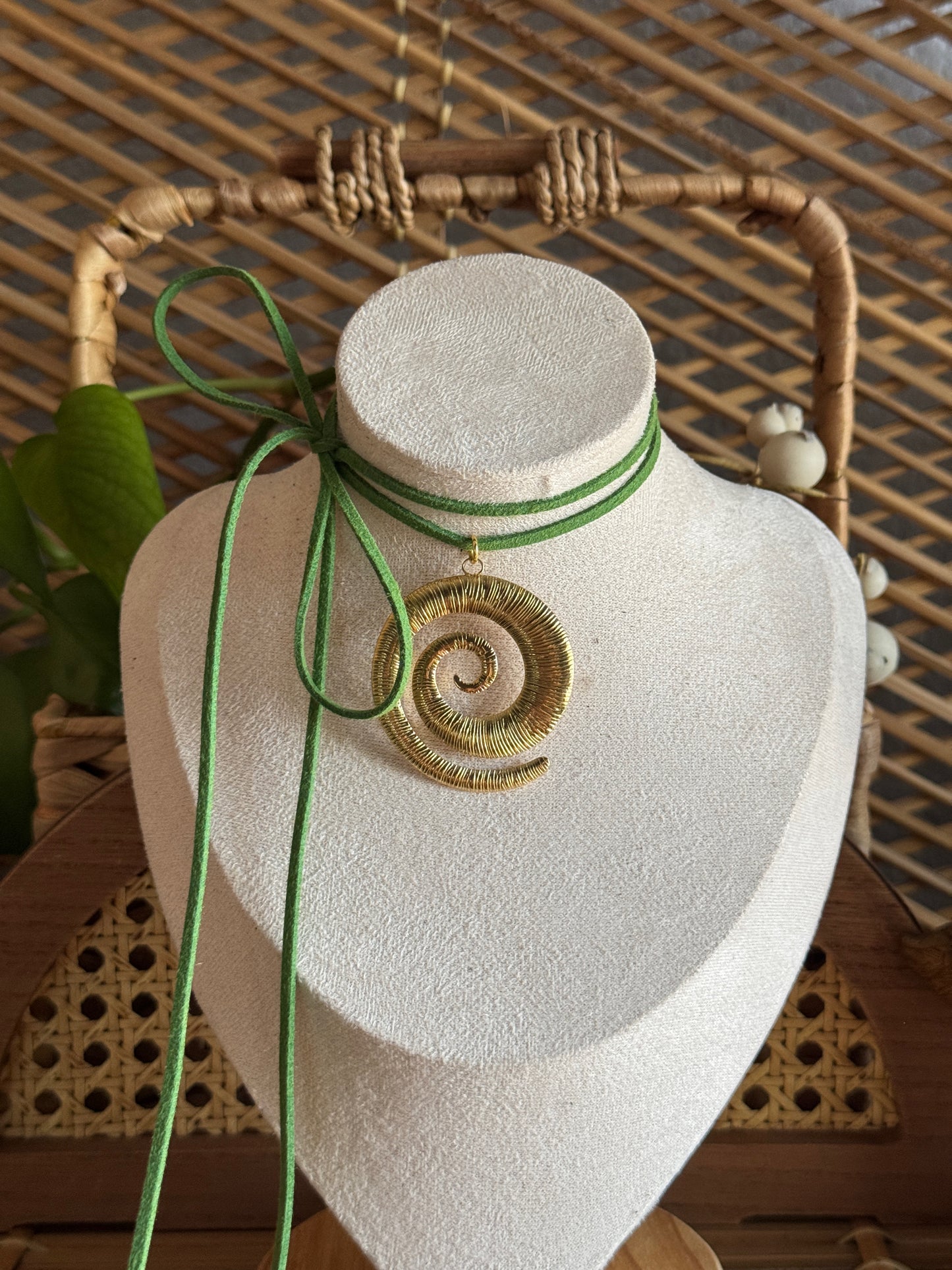 large gold swirl green suede necklace