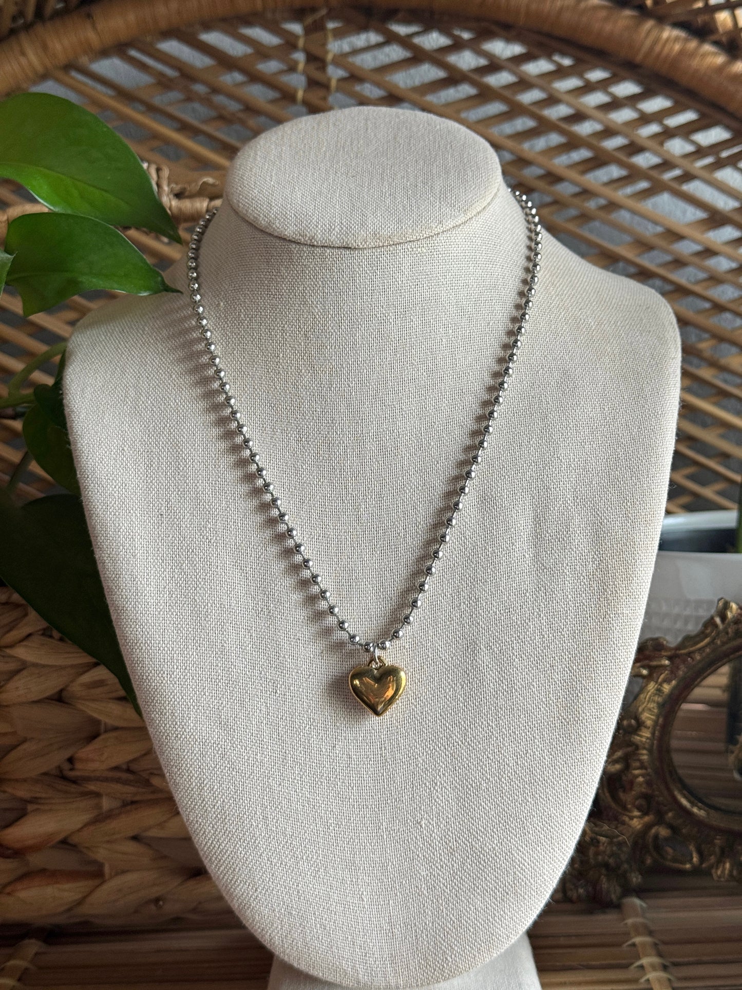 small gold heart stainless steel ball chain necklace