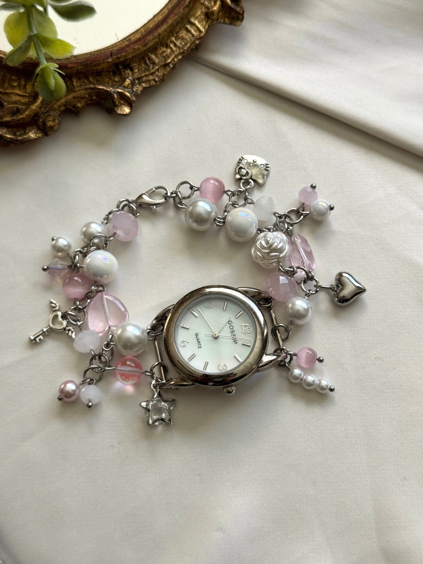 pink & pearl mother of pearl watch charm bracelet