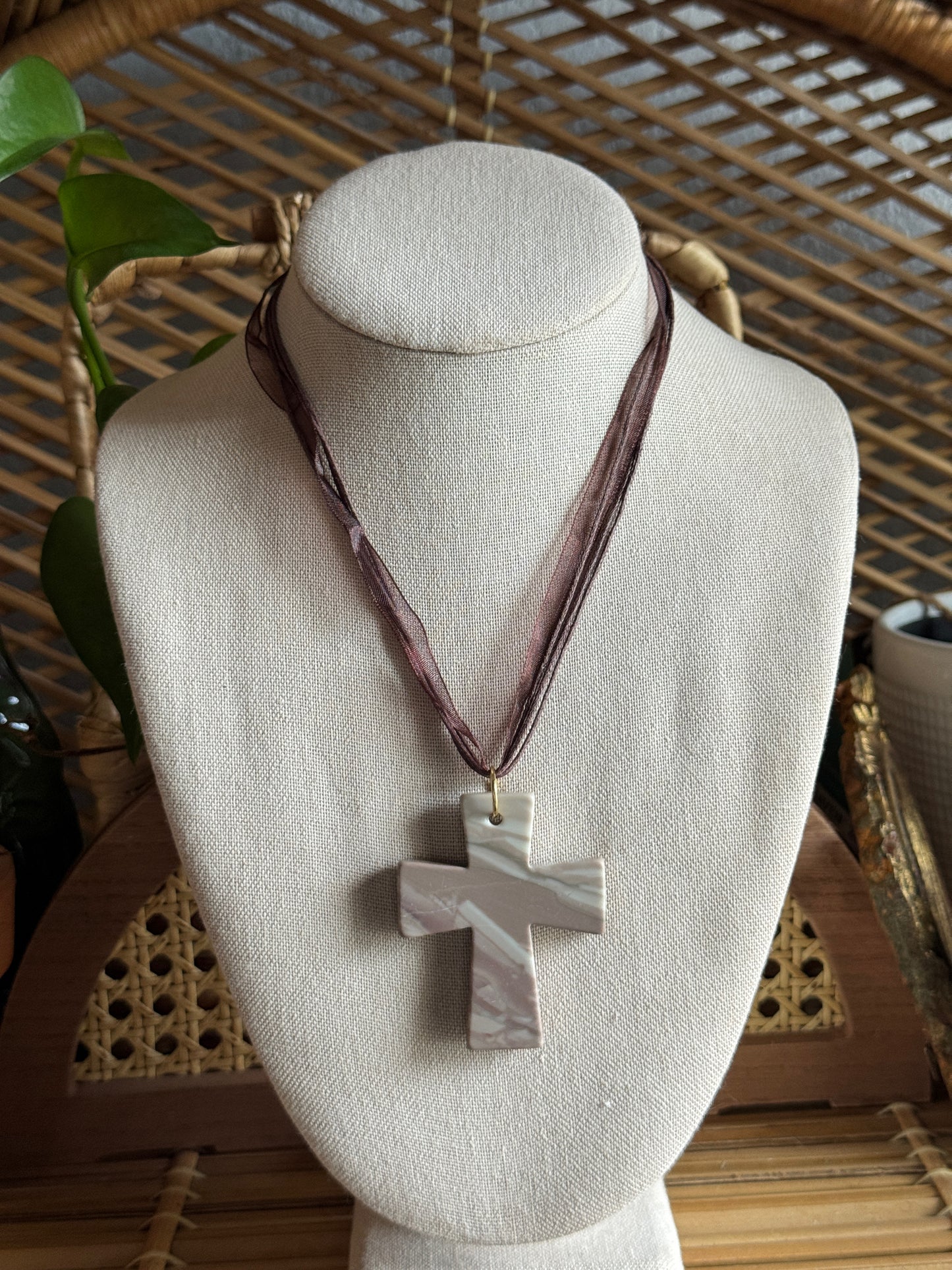large stone cross ribbon necklace