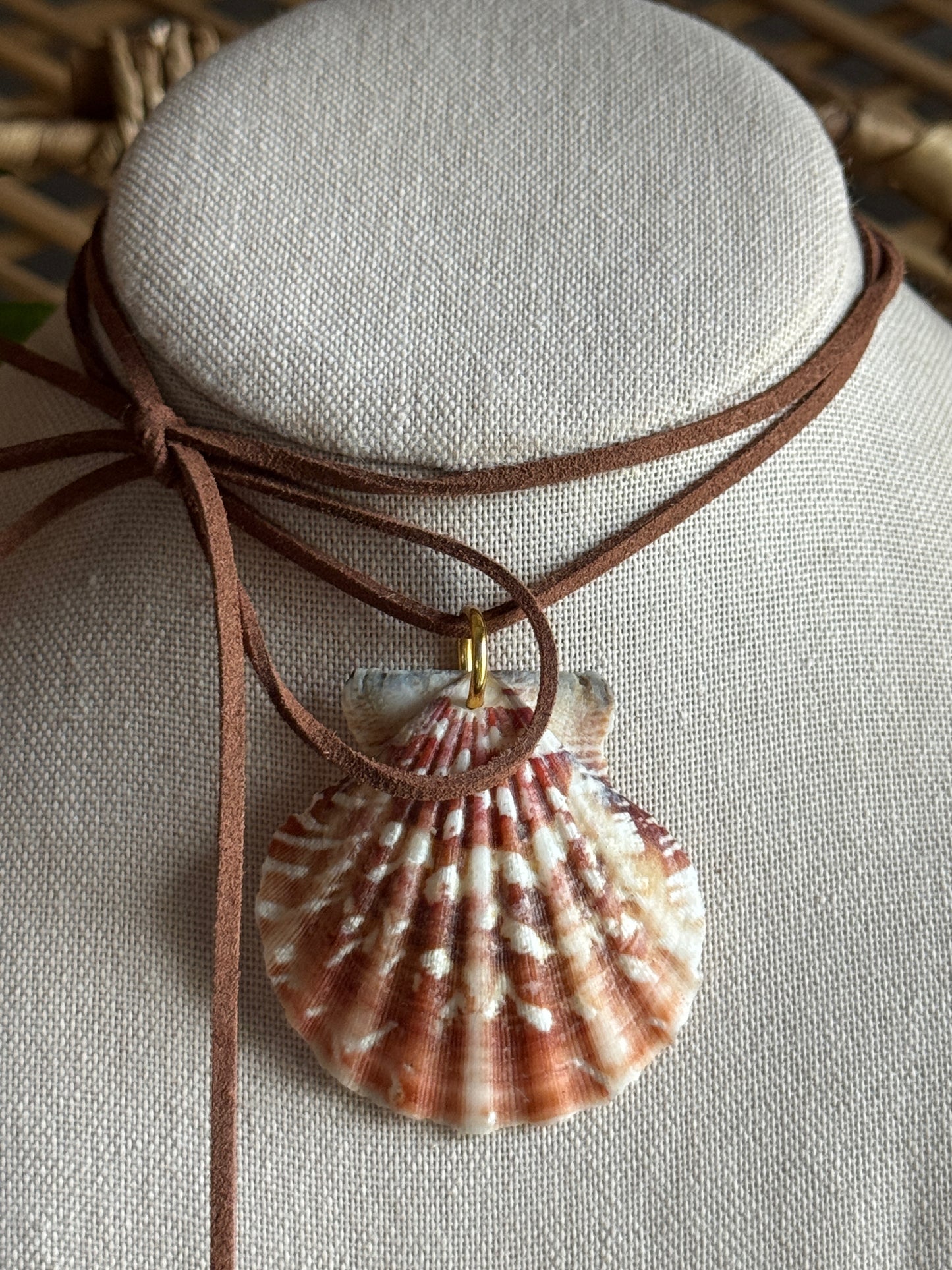large seashell brown suede cord necklace