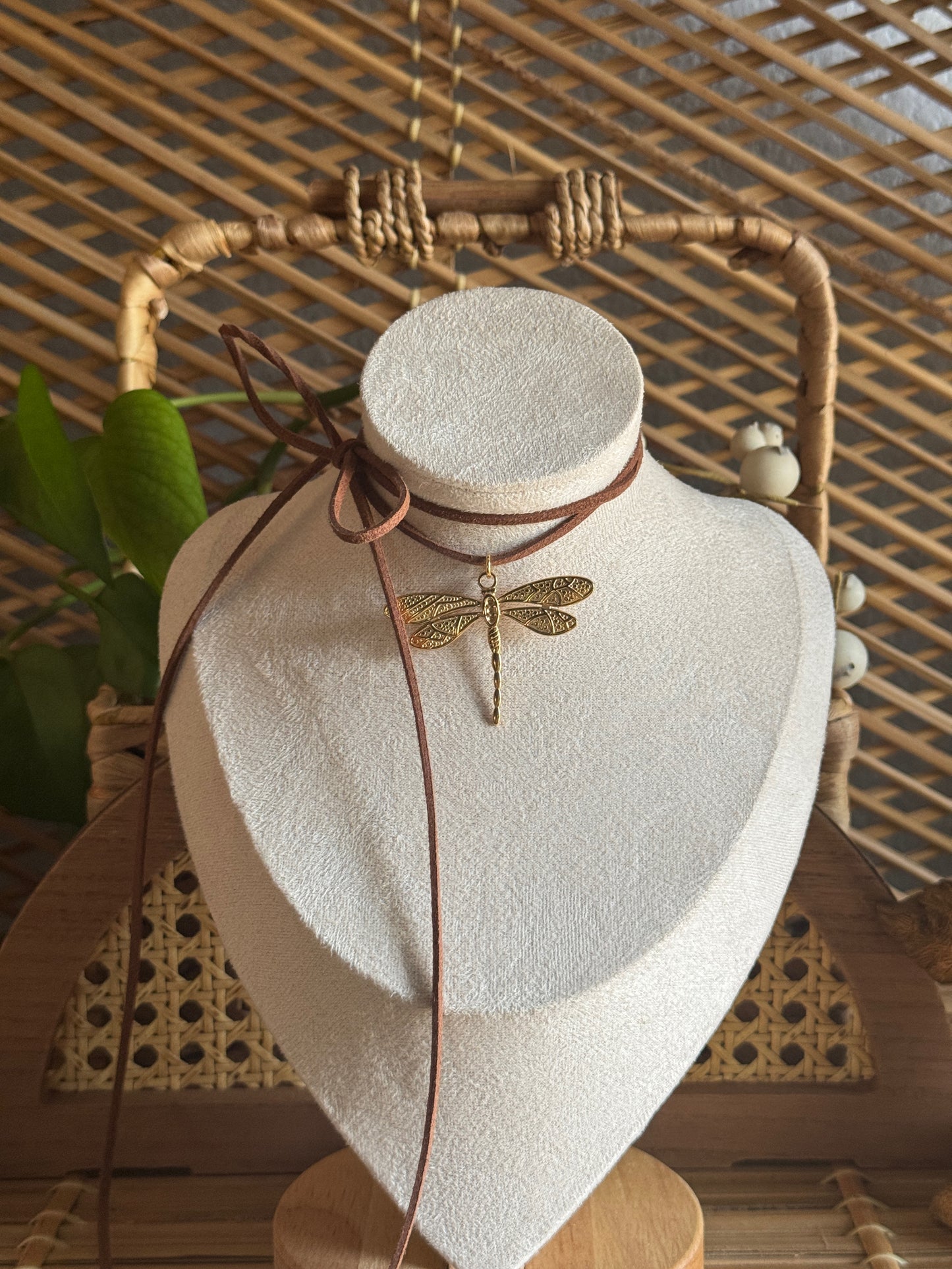 gold dragonfly brown suede necklace