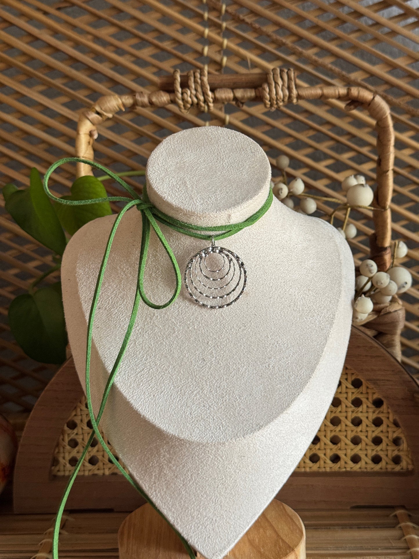 stainless steel textured swirl green suede necklace