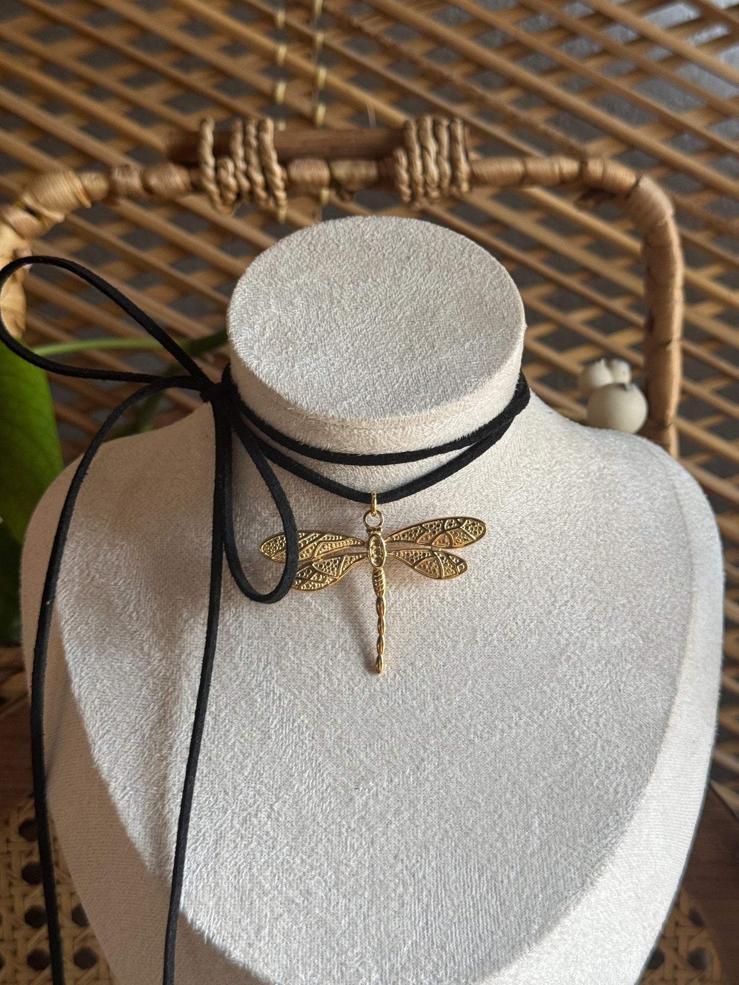 gold dragonfly black suede necklace