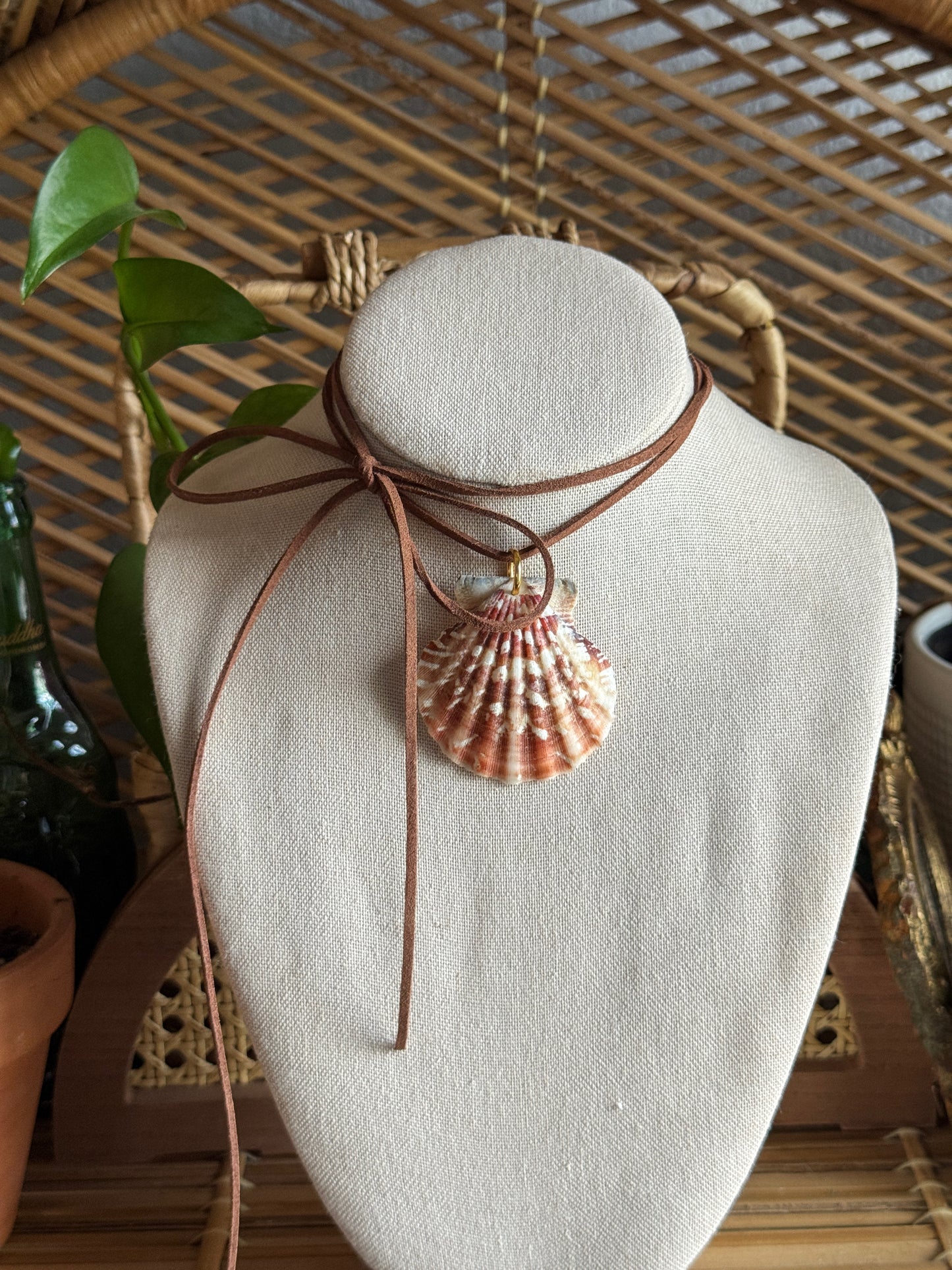 large seashell brown suede cord necklace