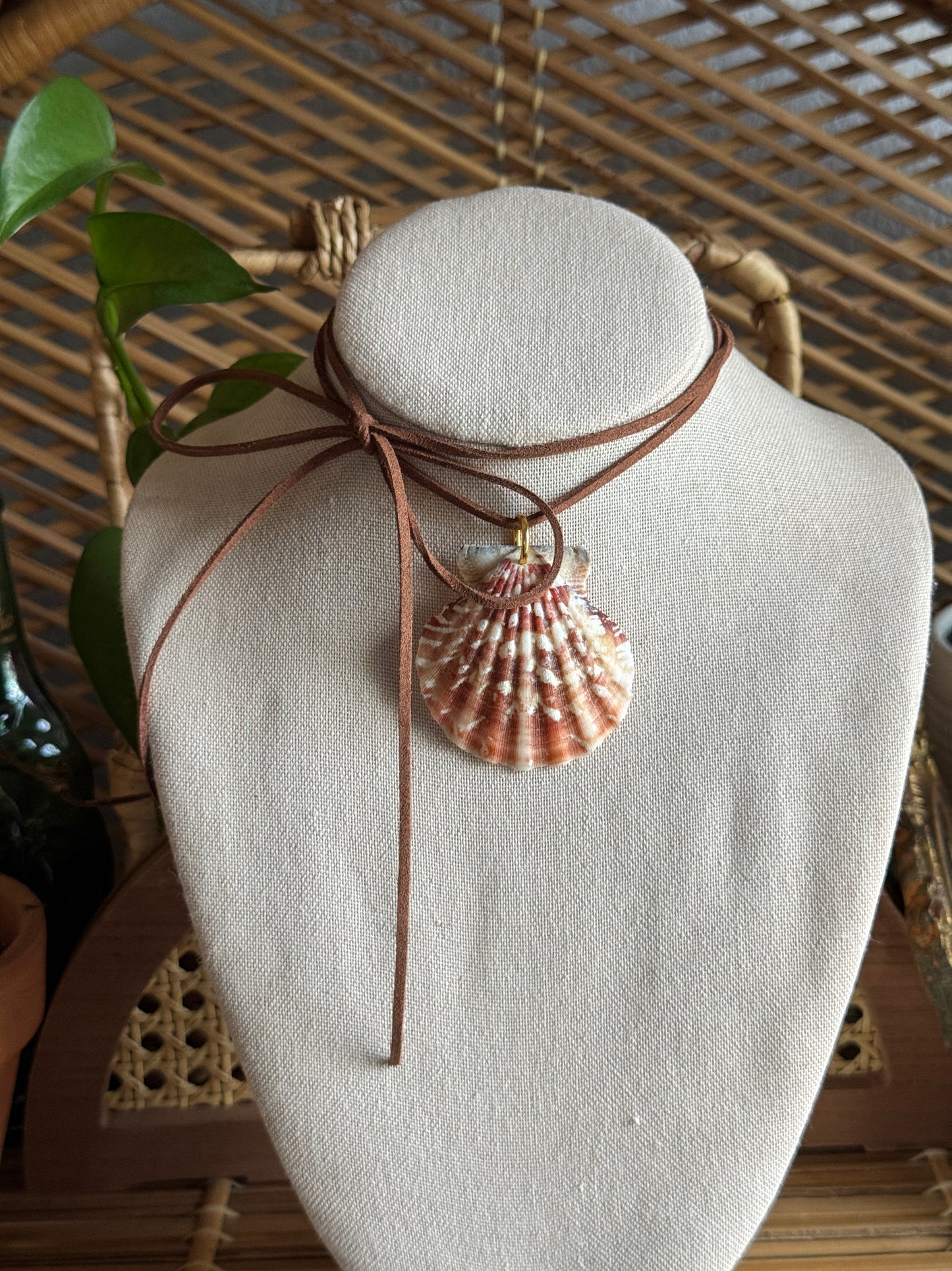 large seashell brown suede cord necklace