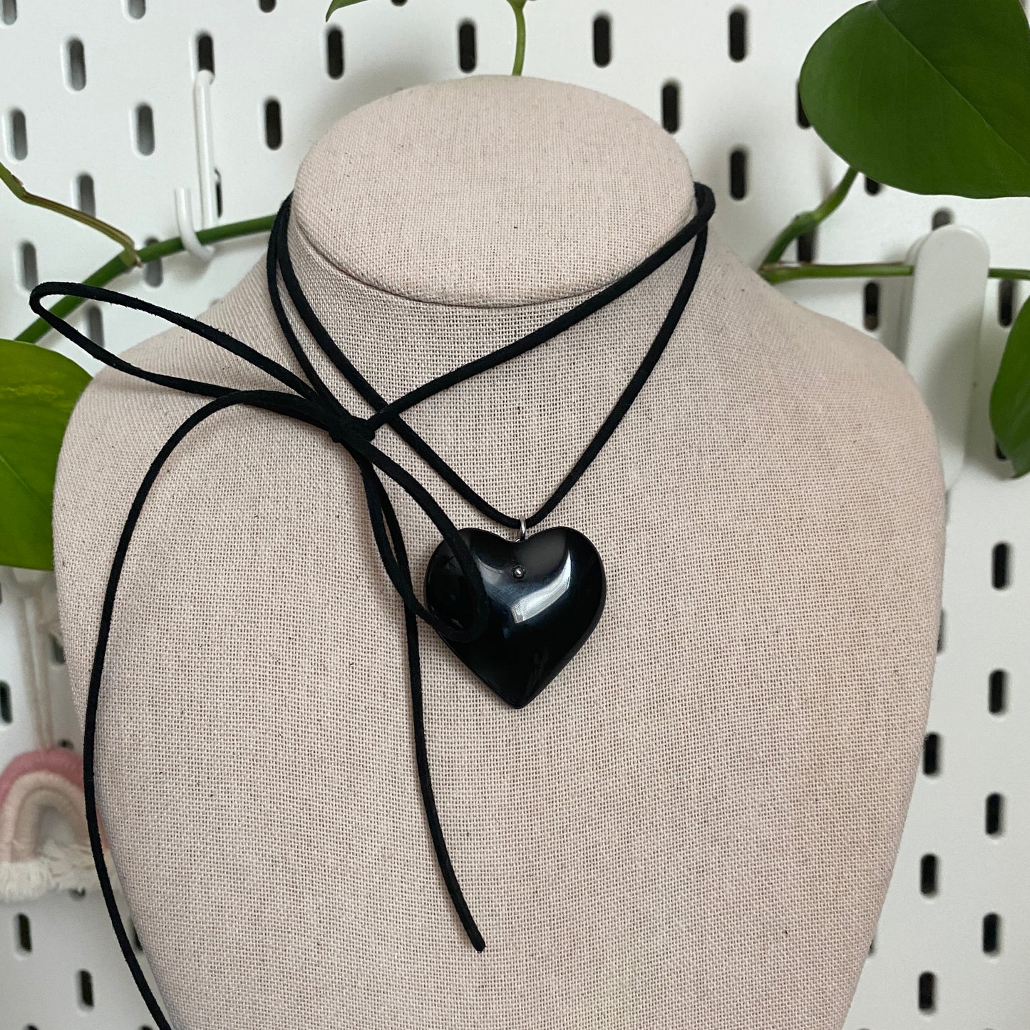black large glass heart suede cord necklace