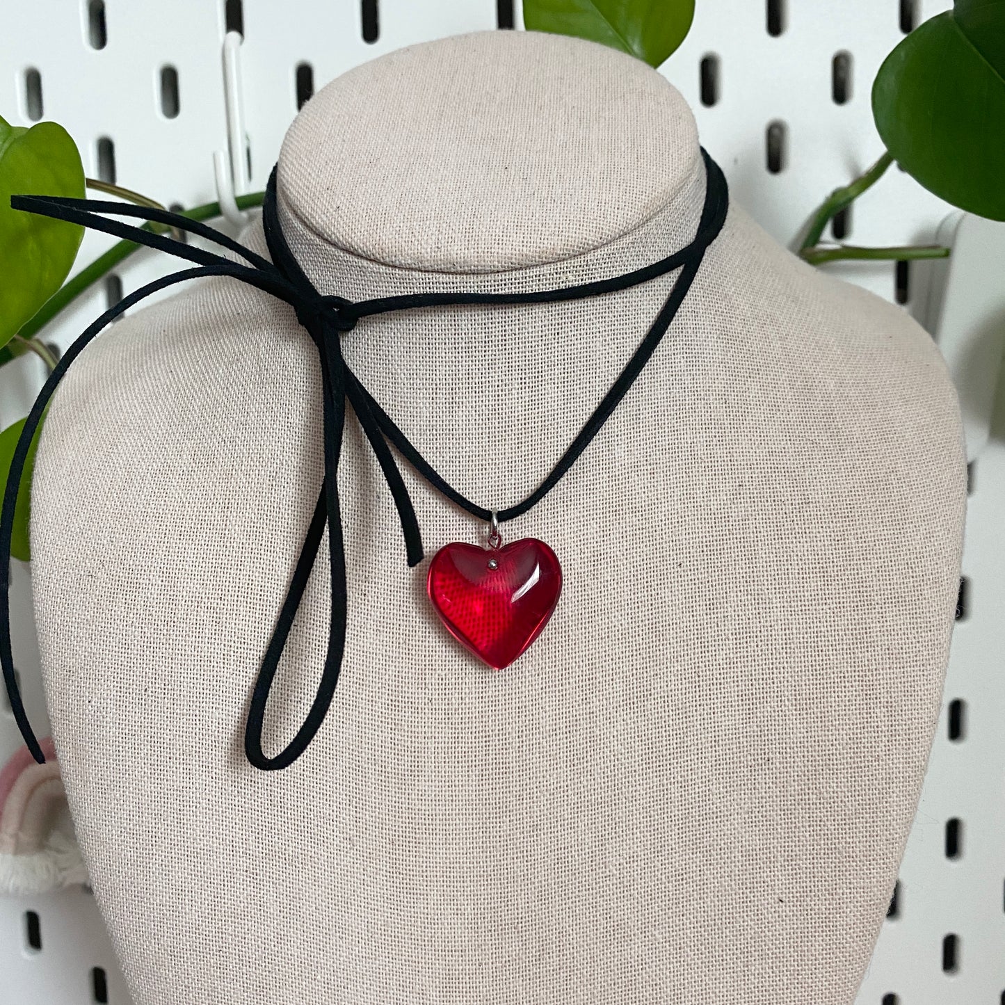 red small glass heart suede cord necklace