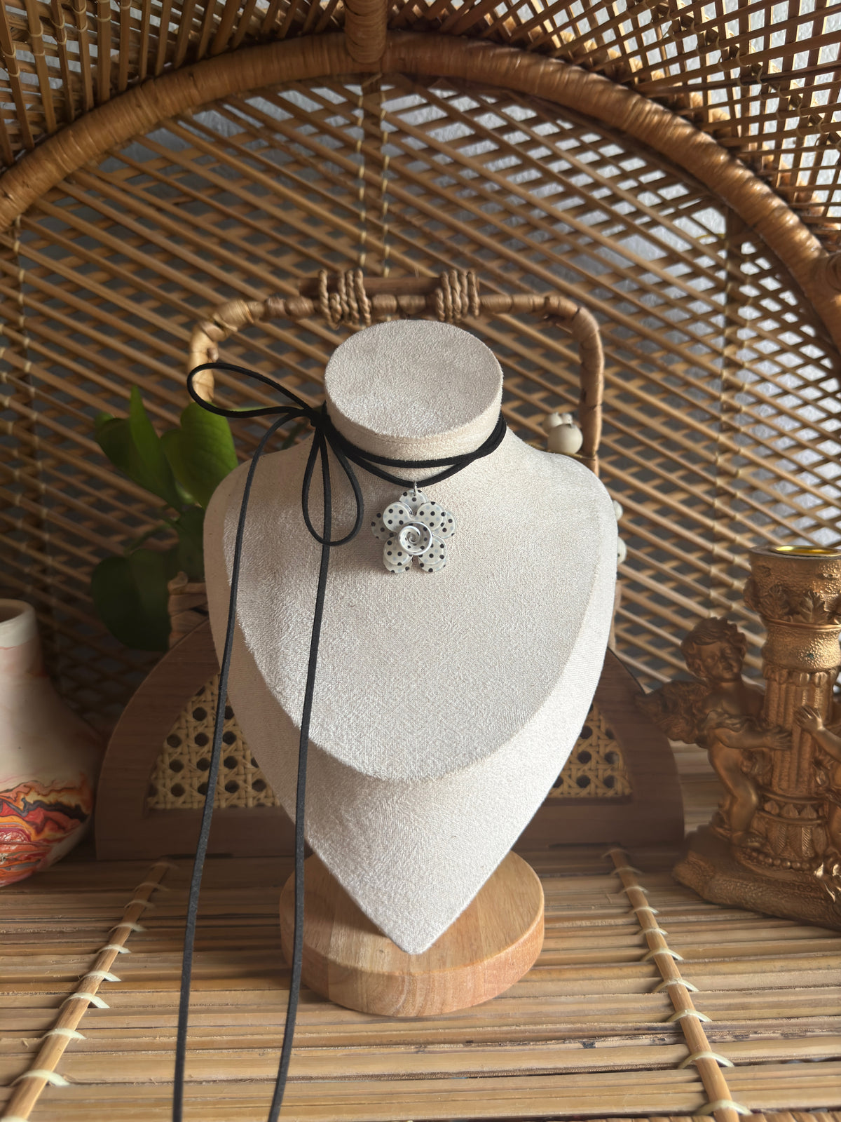 polka dot flower black suede cord necklace