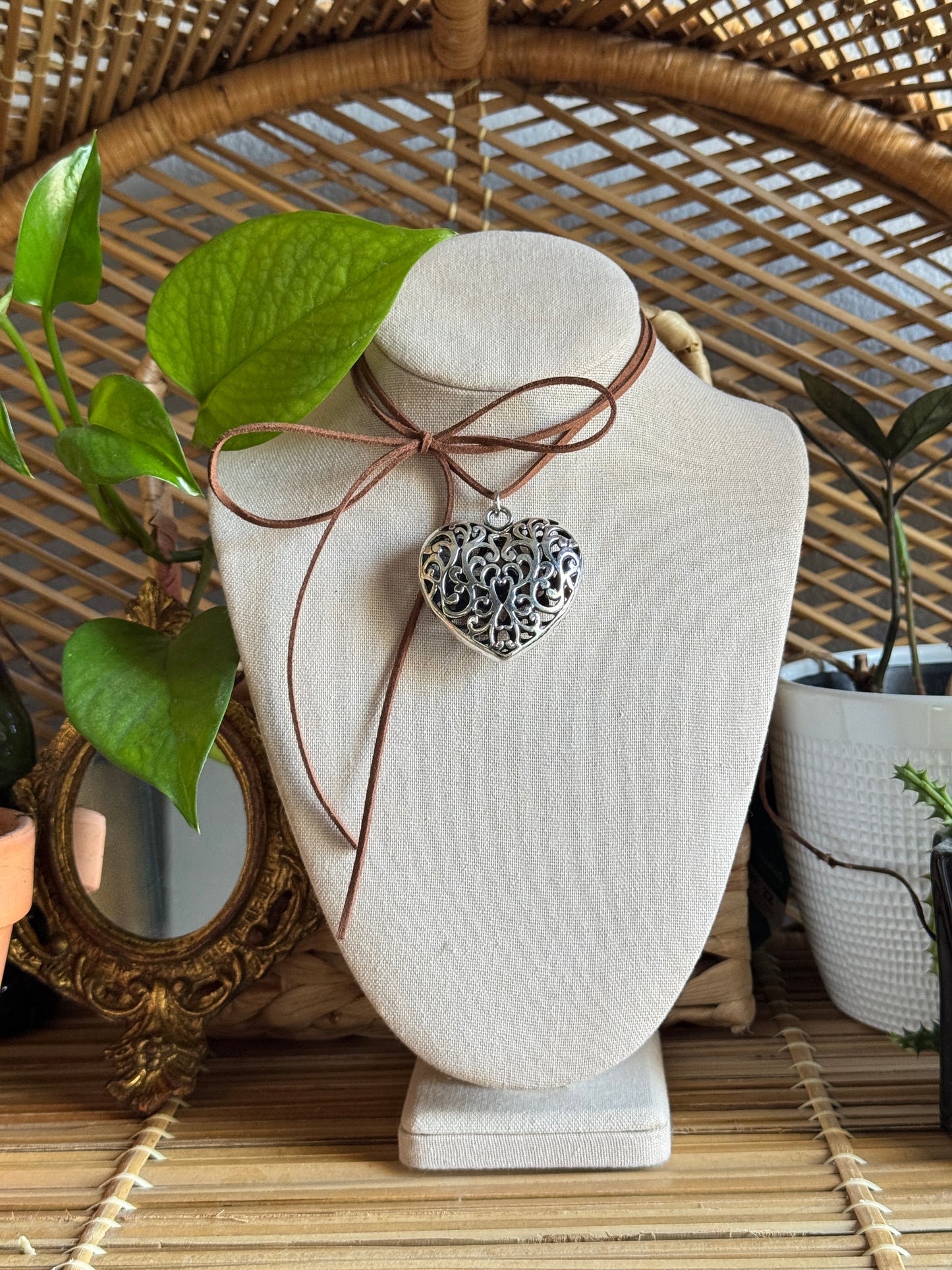 large hollow heart brown suede cord necklace