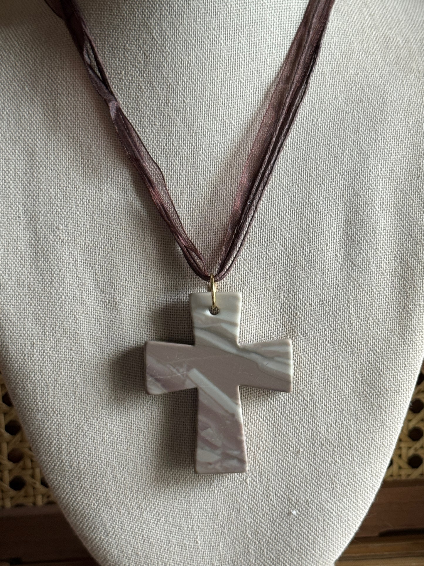 large stone cross ribbon necklace