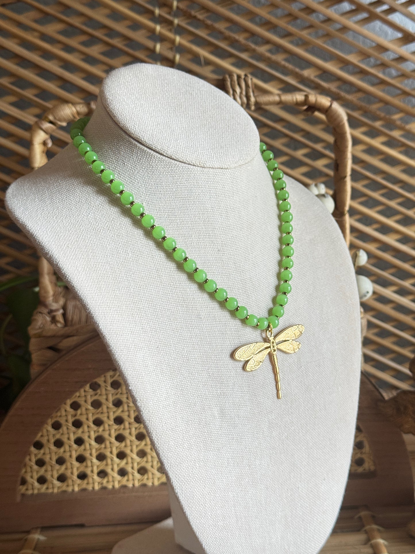 green beaded dragonfly necklace