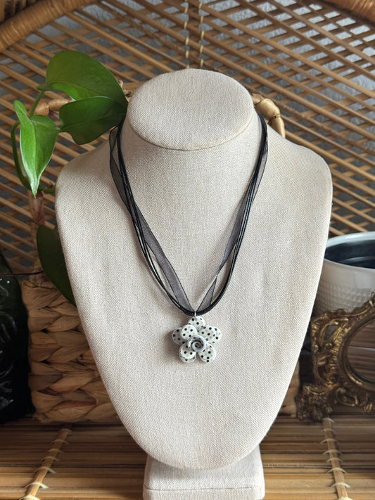 polka dot flower black ribbon cord necklace