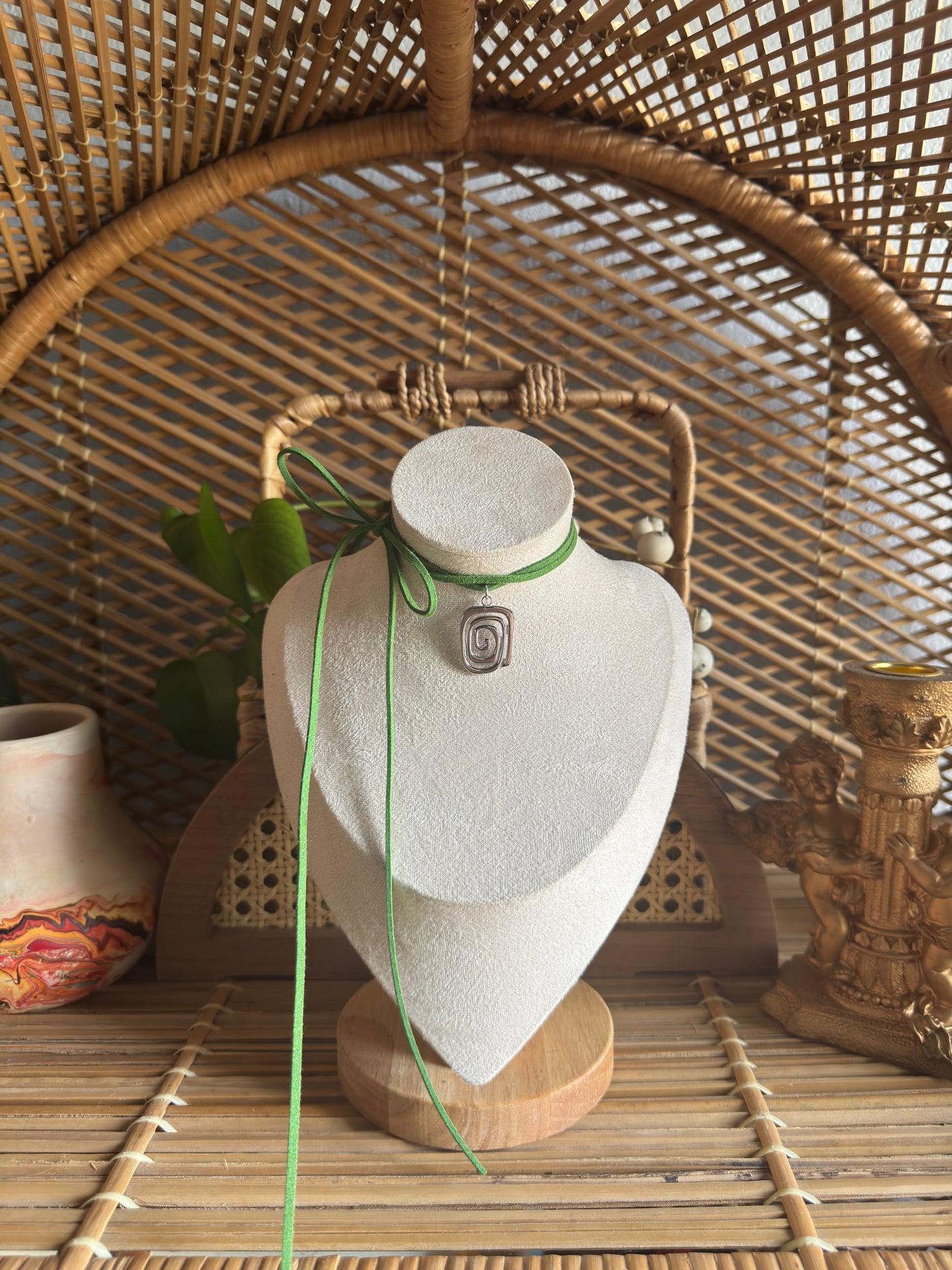 irregular stainless steel swirl green suede necklace