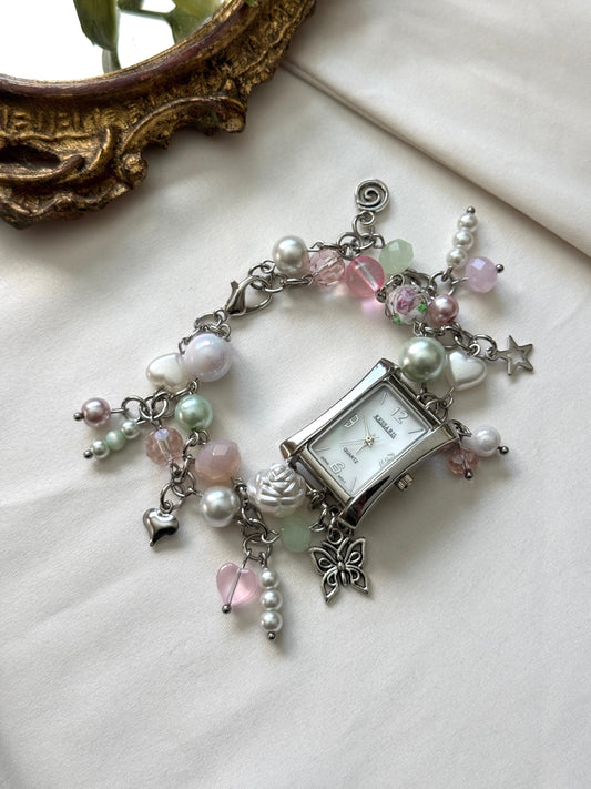 green, pink, & pearl mother of pearl watch charm bracelet