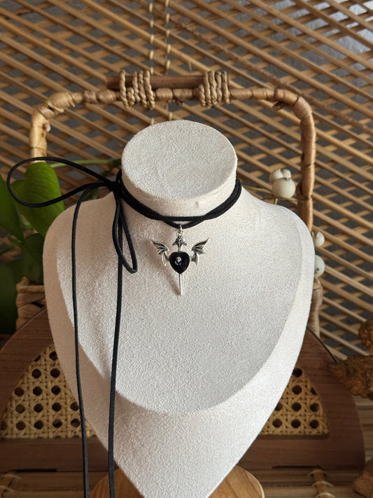 black heart dagger black suede necklace