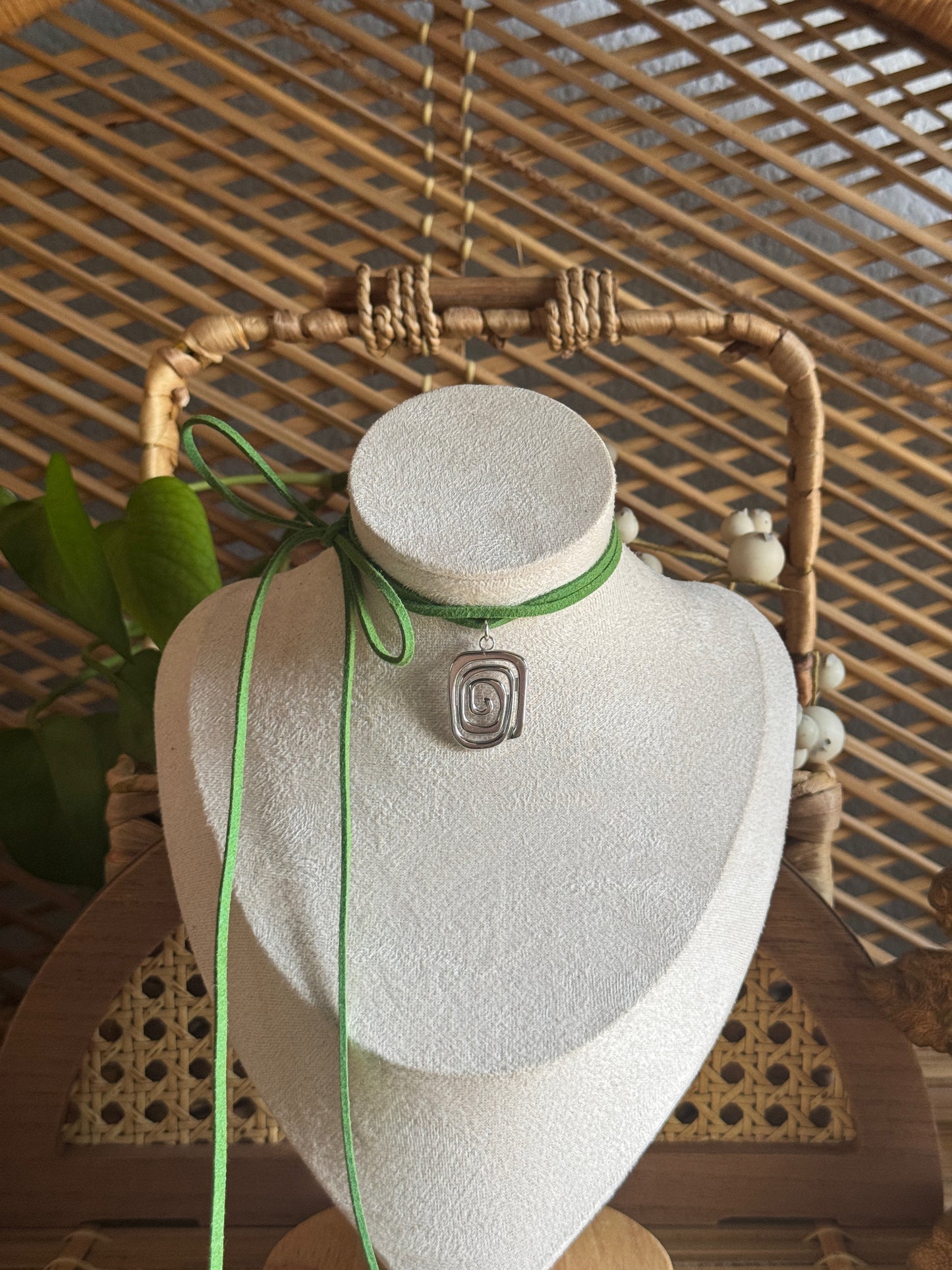 irregular stainless steel swirl green suede necklace