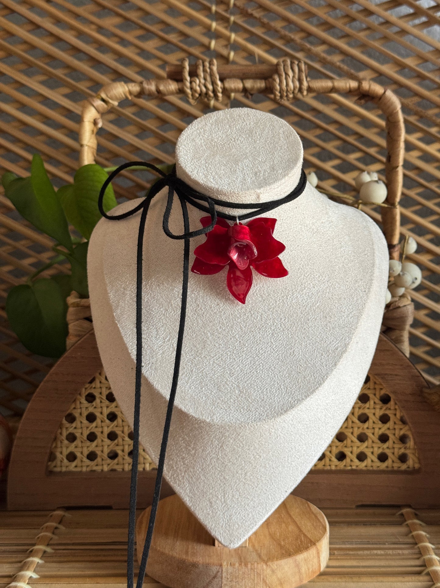 red flower black suede cord necklace