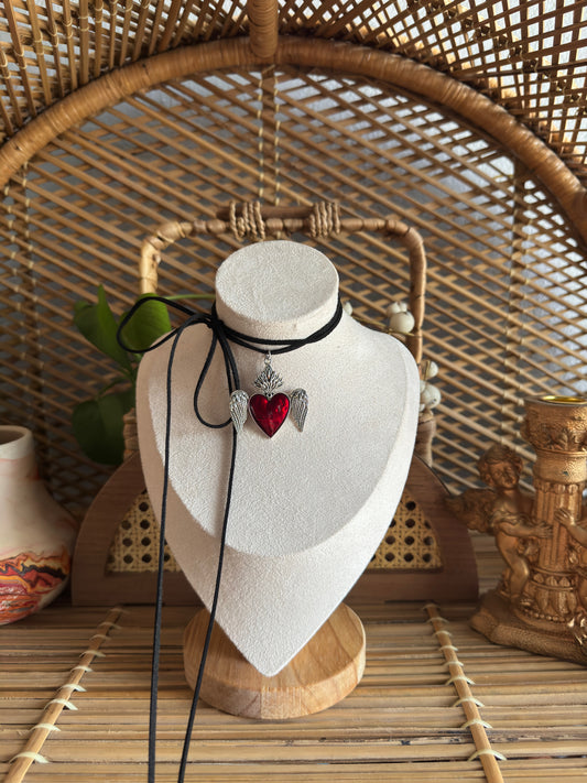 red flaming heart black suede necklace