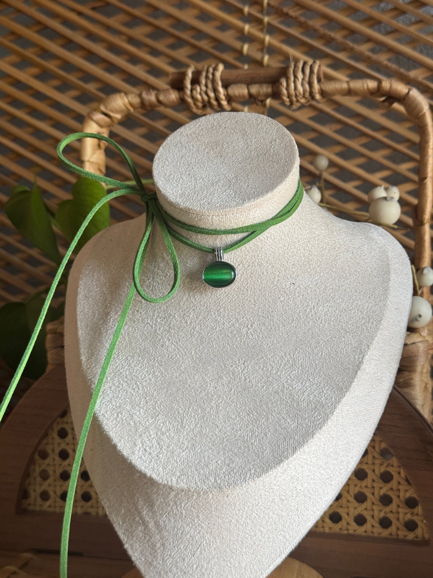 green cat eye stainless steel green suede necklace