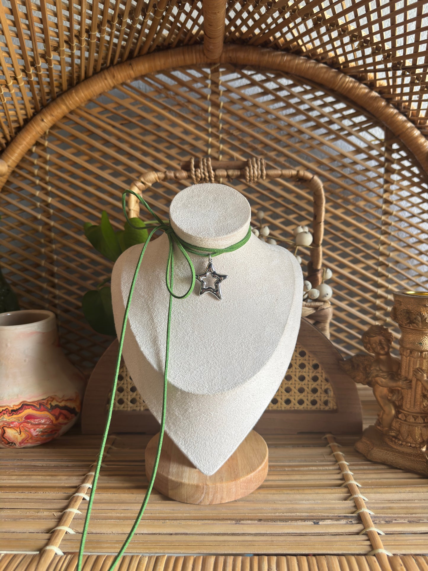 large stainless steel star green suede necklace