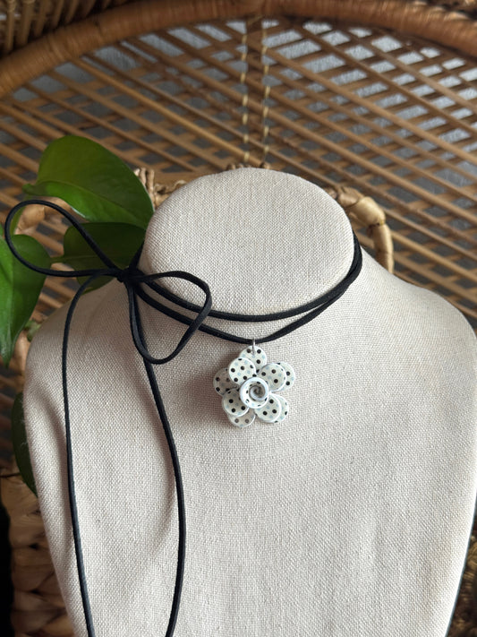 polka dot flower black suede cord necklace