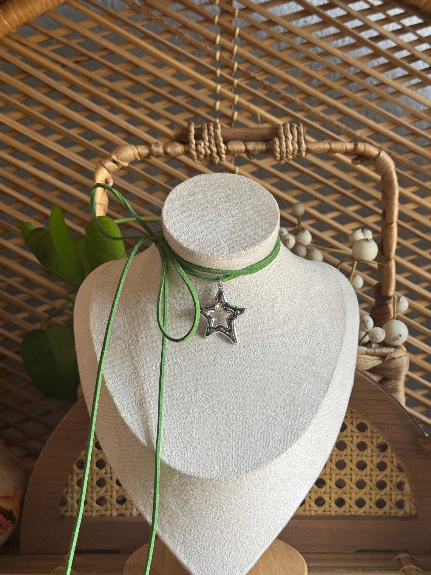 large stainless steel star green suede necklace