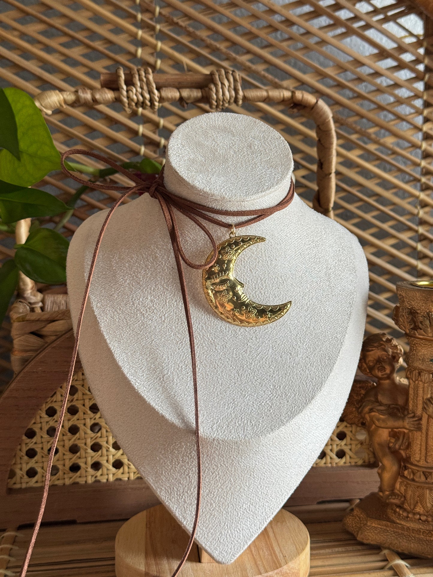 gold moon suede cord necklace