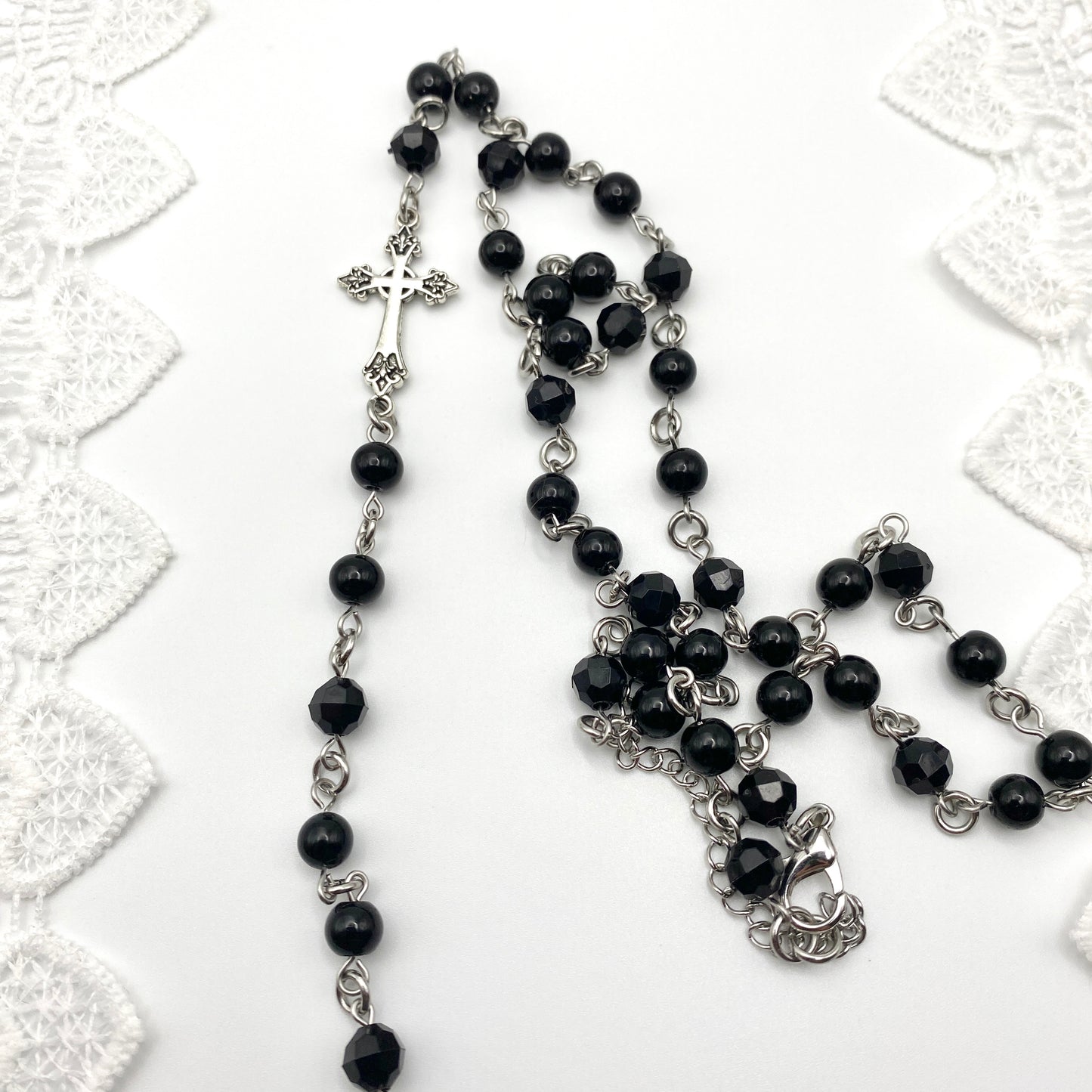 small holy trinity - in black rosary necklace