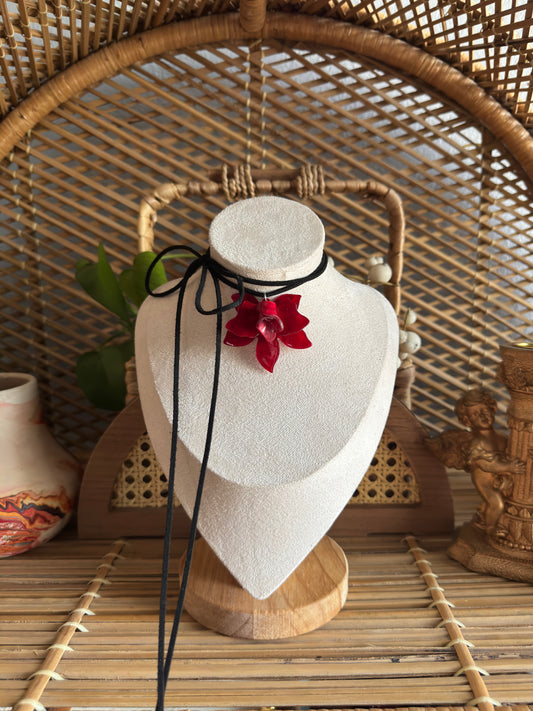 red flower black suede cord necklace