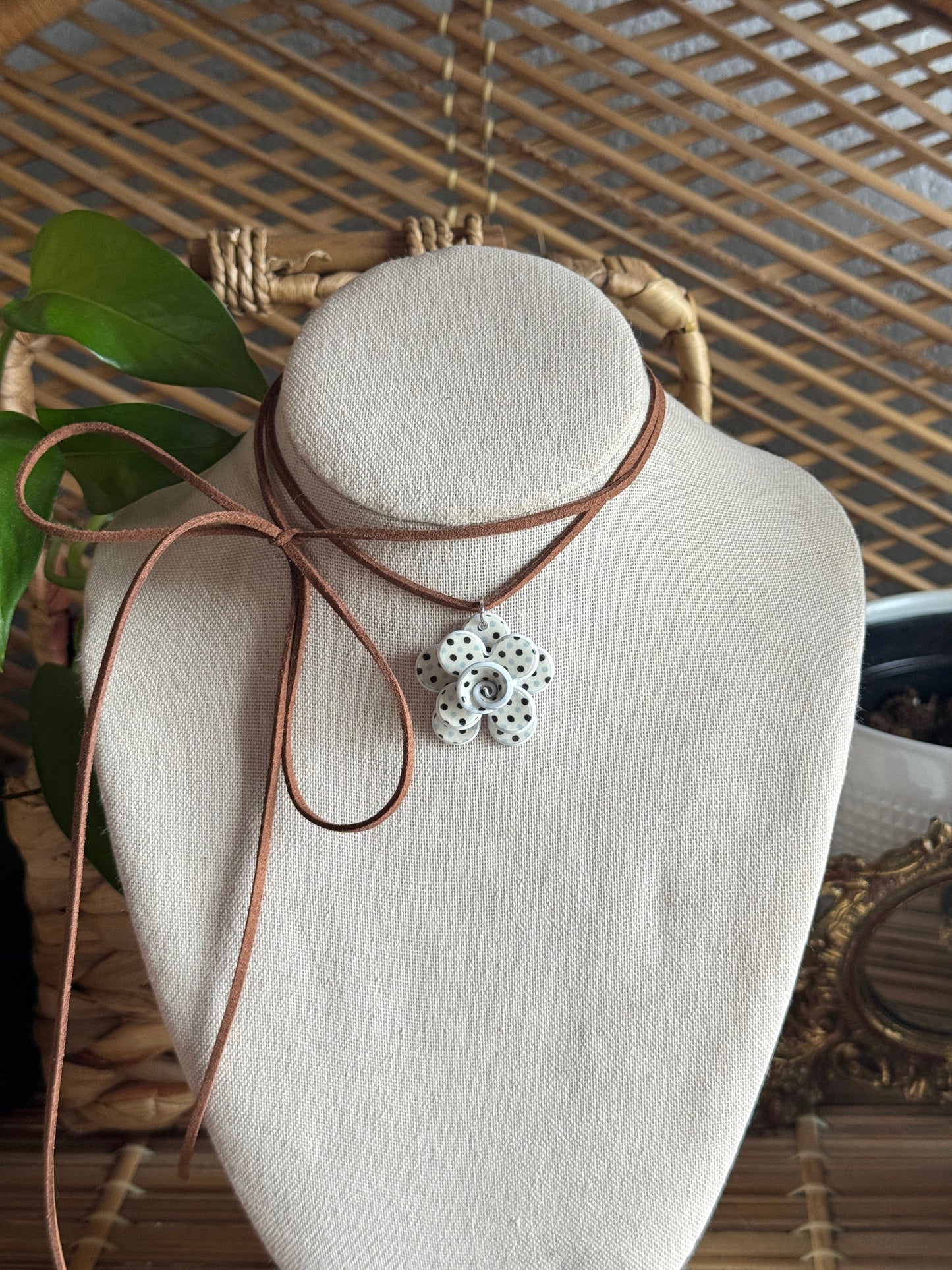 polka dot flower brown suede cord necklace
