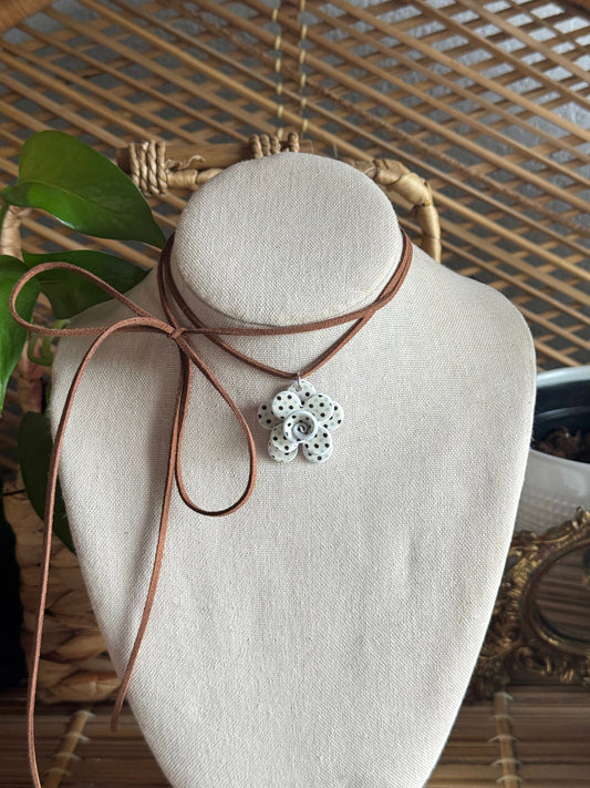 polka dot flower brown suede cord necklace