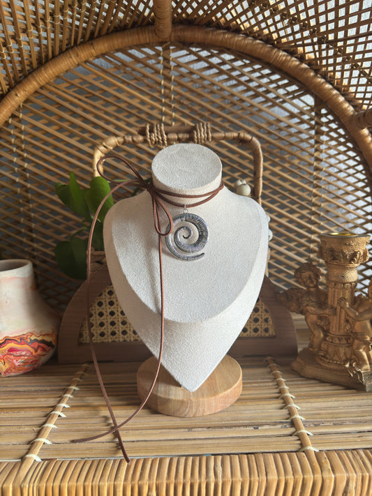 large stainless steel tibetan swirl brown suede necklace