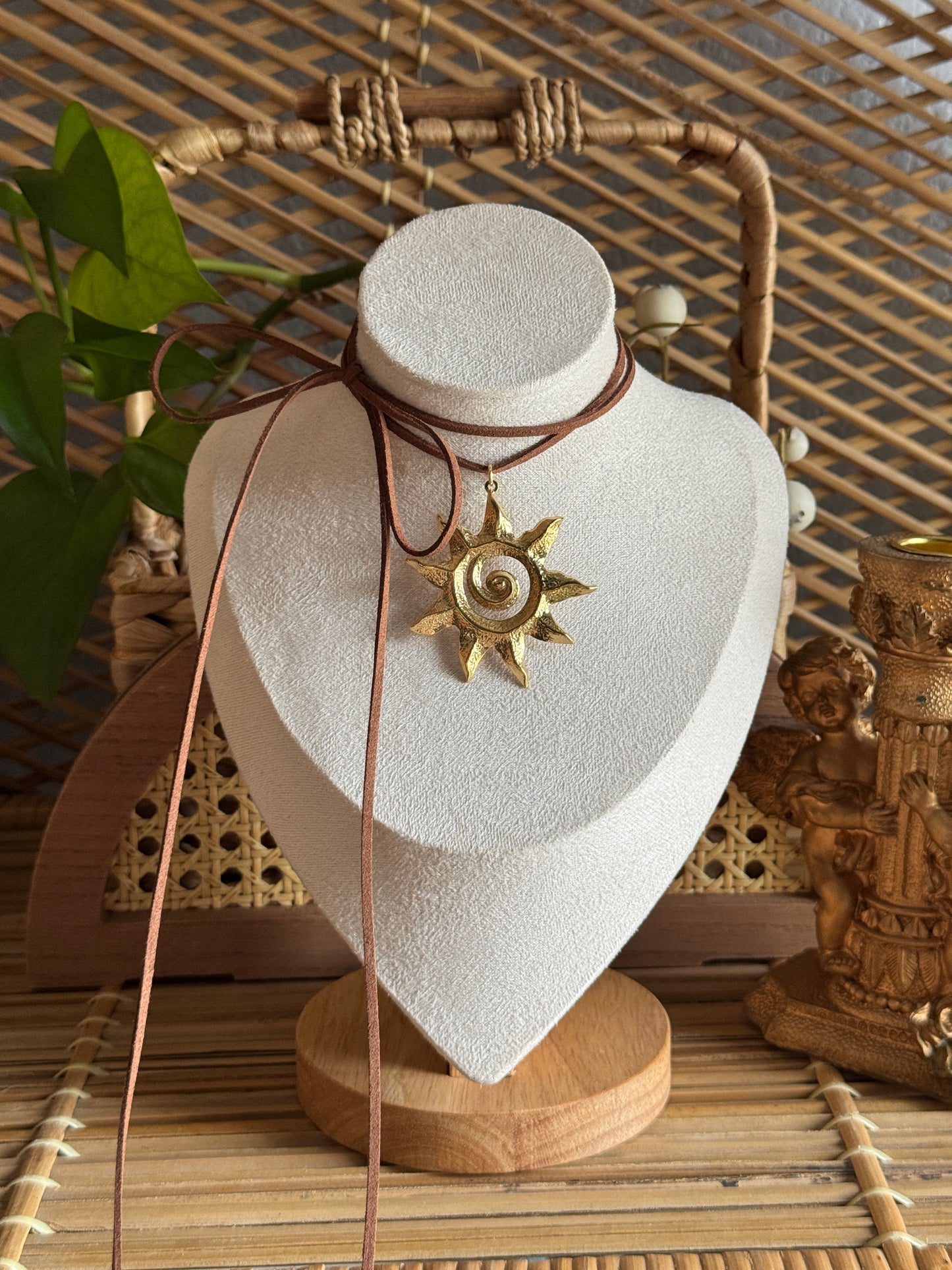 gold sun suede cord necklace