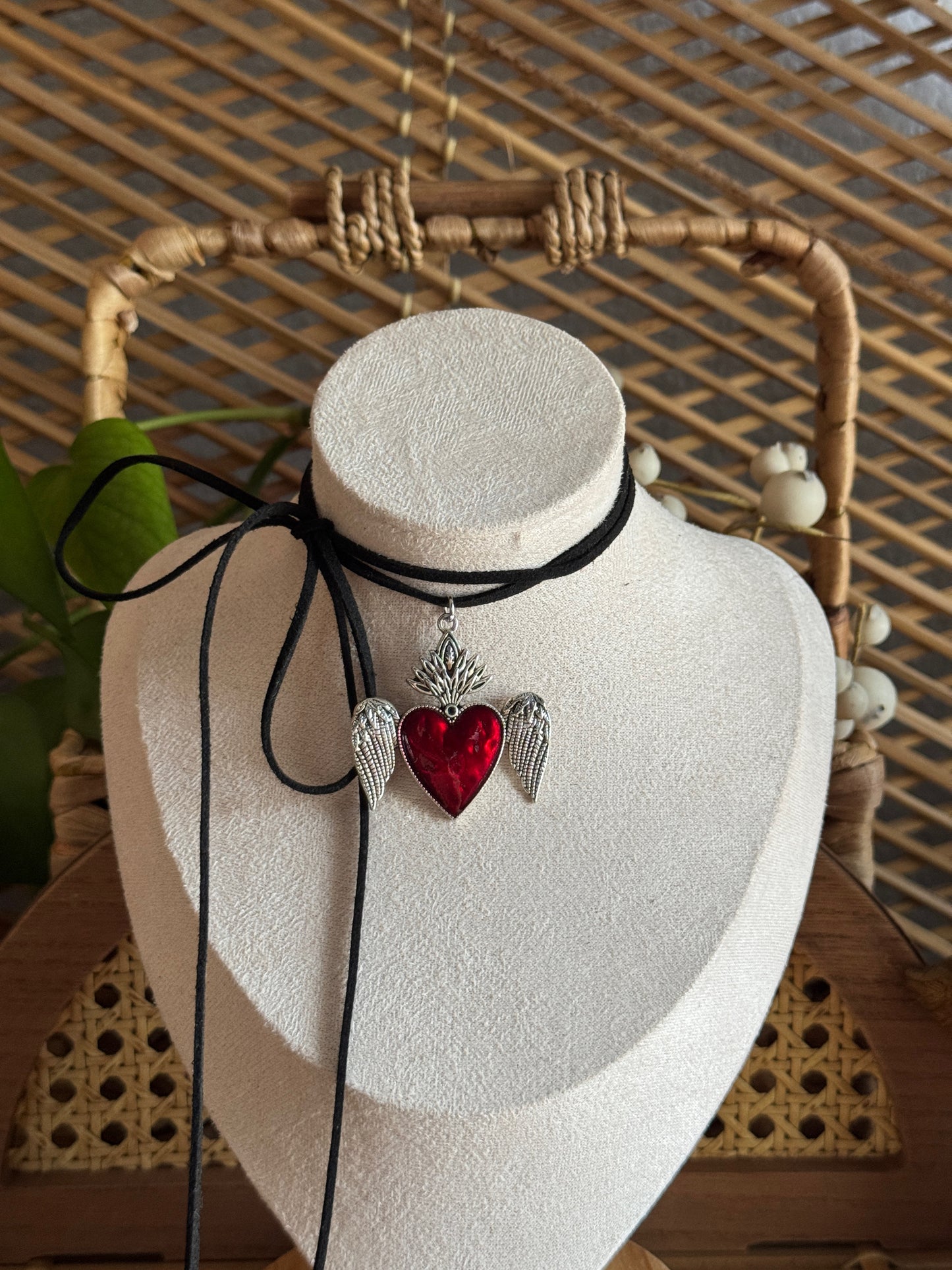 red flaming heart black suede necklace