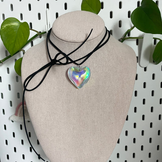 holographic large glass heart suede cord necklace