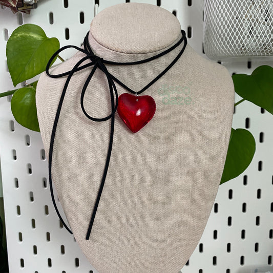 red large glass heart suede cord necklace