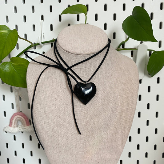 black large glass heart suede cord necklace
