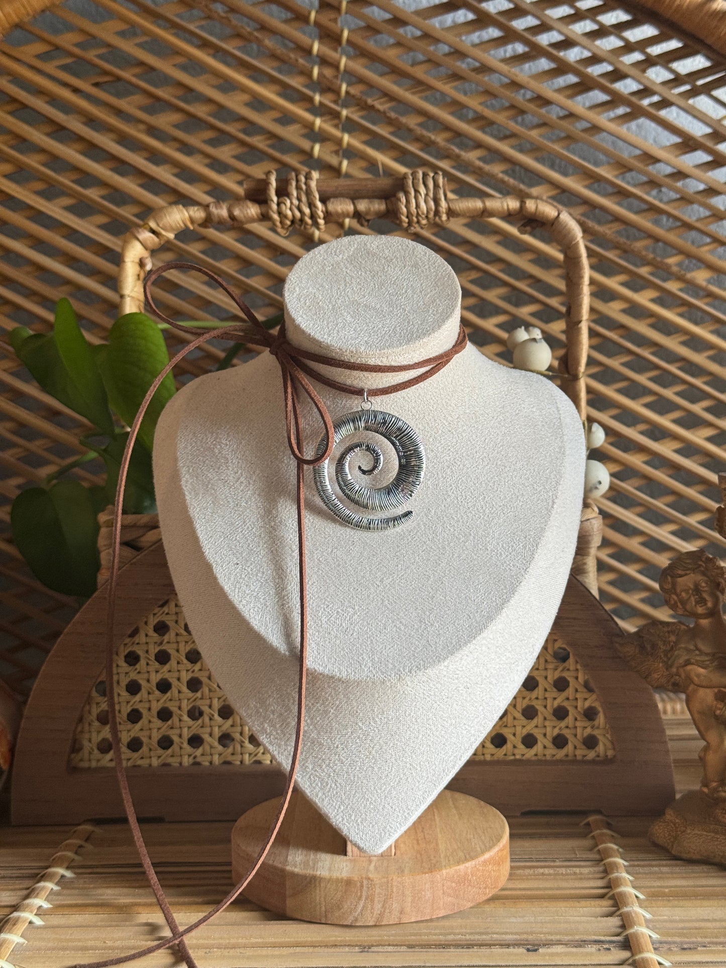 large stainless steel tibetan swirl brown suede necklace