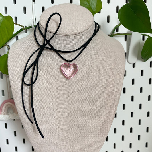 light pink small glass heart suede cord necklace