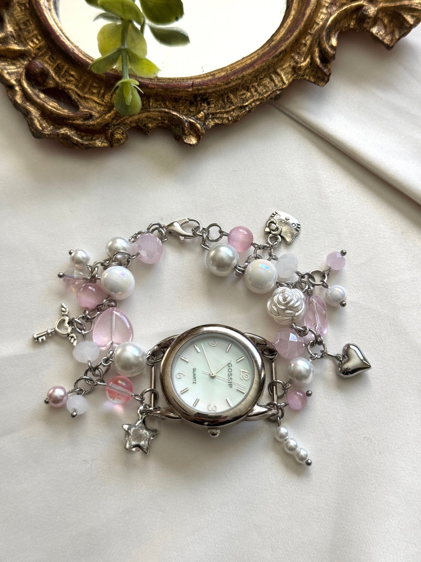 pink & pearl mother of pearl watch charm bracelet