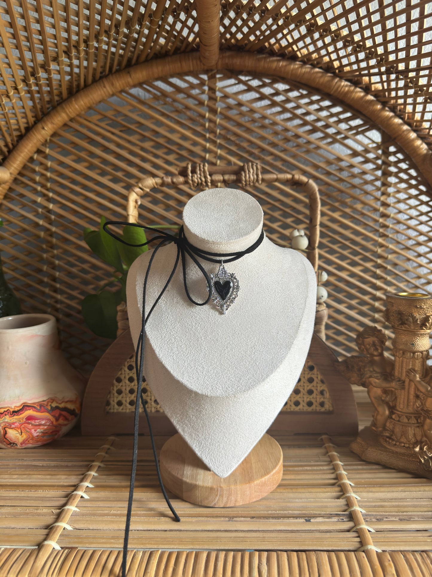 black sacred heart black suede necklace