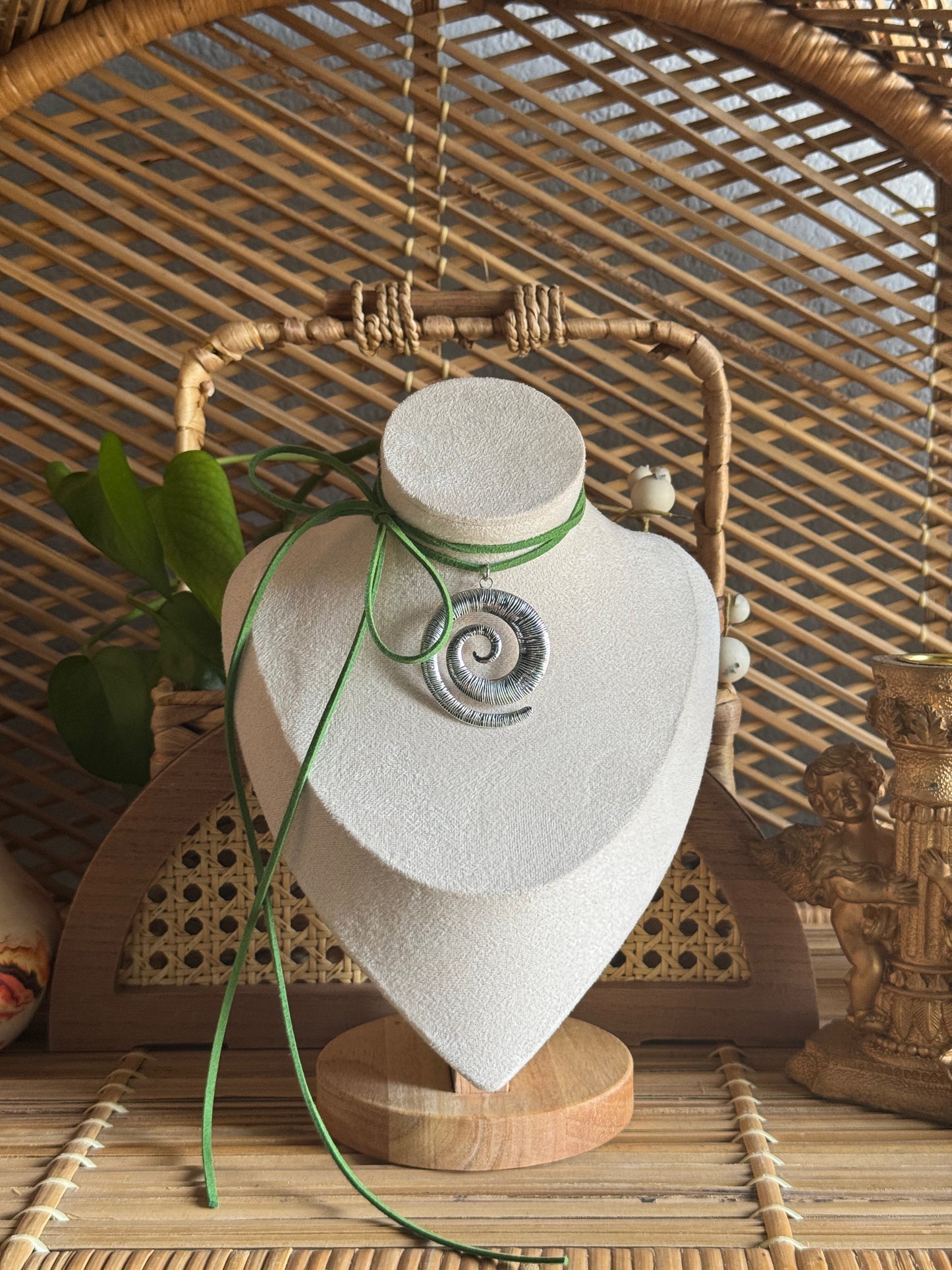 large stainless steel tibetan swirl green suede necklace