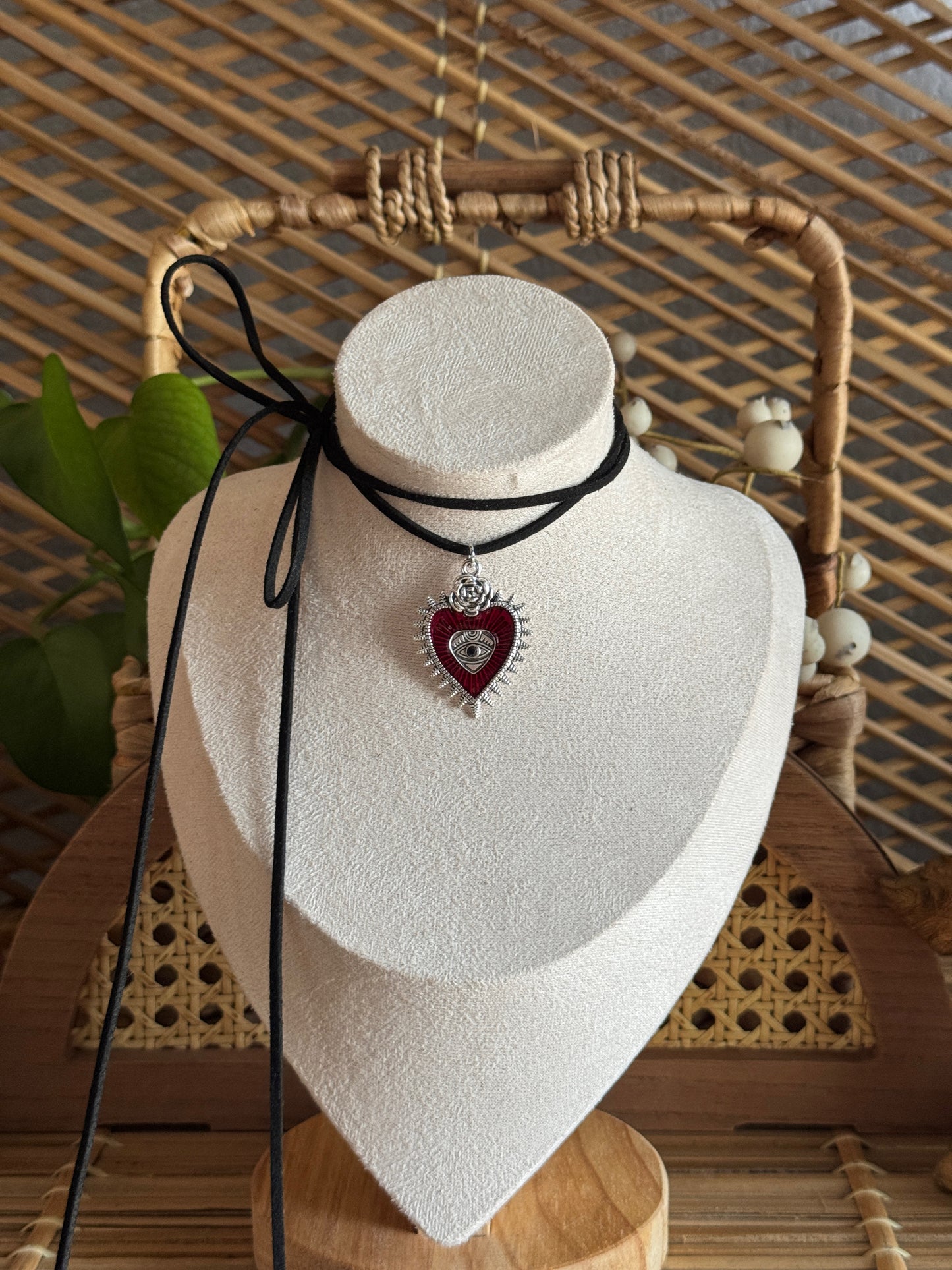 red & black sacred heart black suede necklace