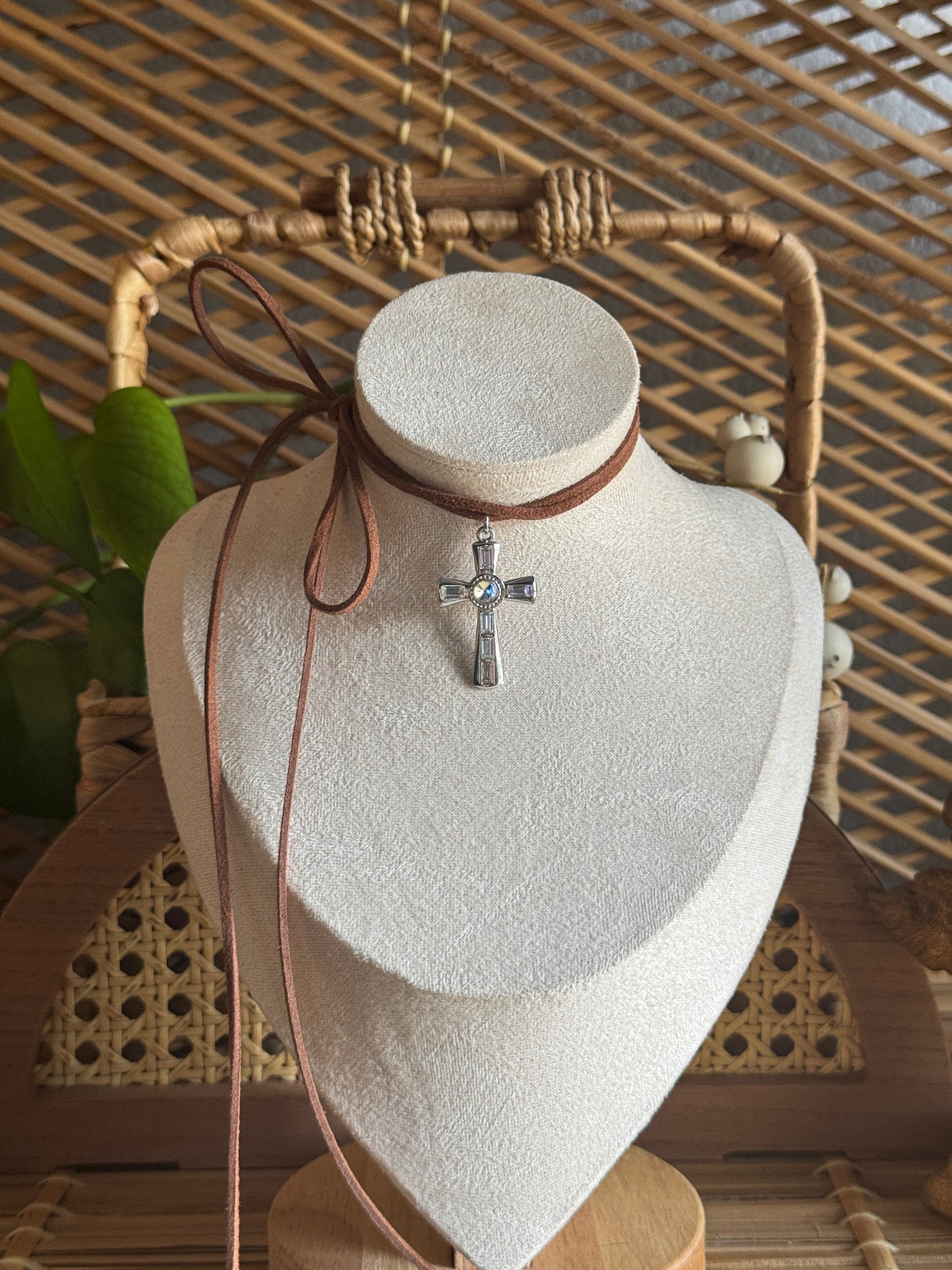 rhinestone cross stainless steel brown suede necklace