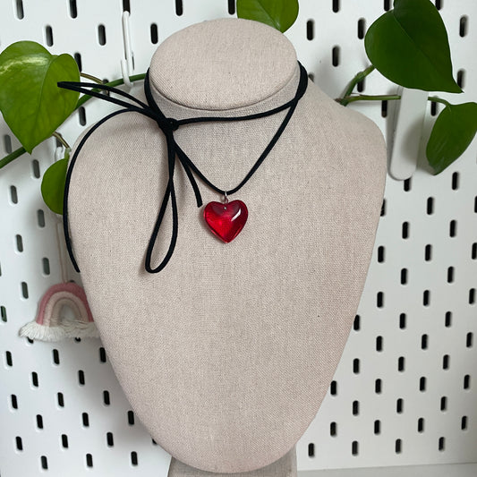 red small glass heart suede cord necklace