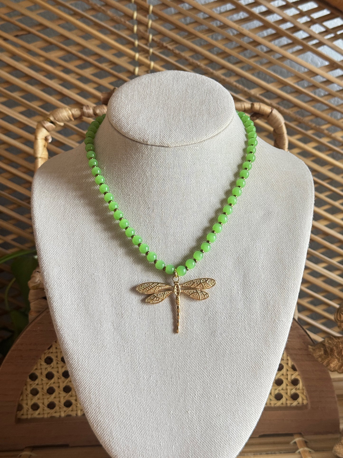 green beaded dragonfly necklace